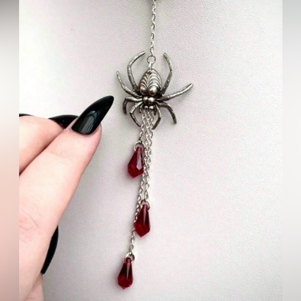 Gothic Spider Necklace with drop Red hanging jewels engraved detailing NWT - Picture 3 of 7